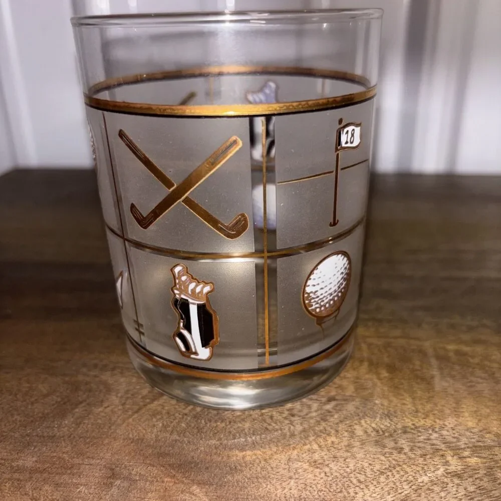 Culver USA Fairway 22k Gold Golf Accents Double Old Fashioned Cocktail Glass MCM